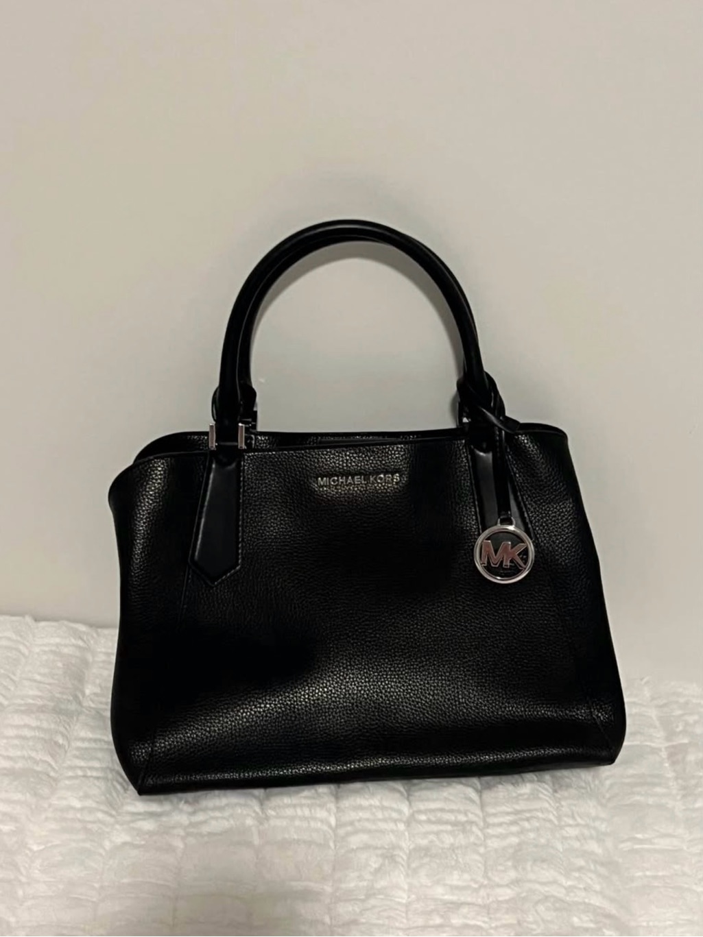 Michael Kors Black Pebbled Leather Satchel With Mk Charm